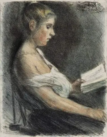 En ung kvinna som läser en bok 1896