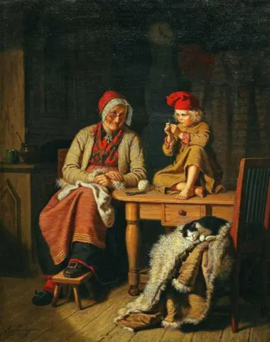 Een rustiek interieur met een jongen die een naald inrijgt