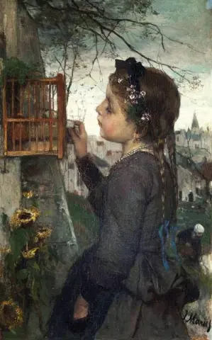Een meisje dat een vogel in een kooi voedt, ca. 1867