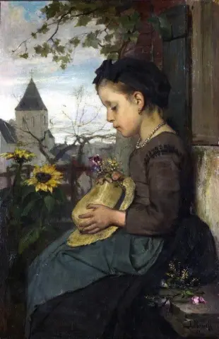 Een meisje dat buiten een huis zit, 1867