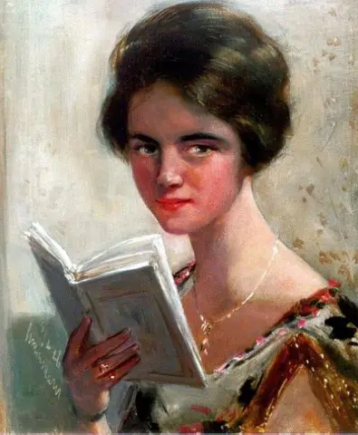 Een portret van een elegante dame die 1926 leest