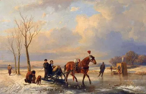 Uma paisagem de inverno com figuras em um trenó Um Koek-en-zopie ao fundo, 1863