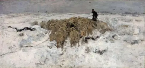 Rebanho de ovelhas com pastor na neve