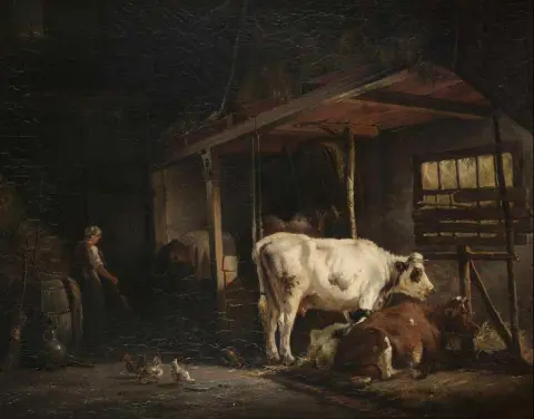 Cavalos, gado e um lavrador em um interior estável, 1858