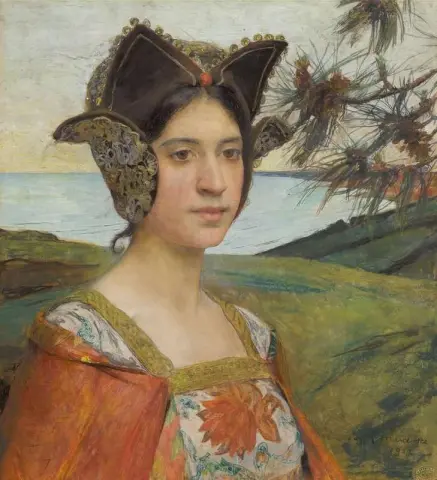 Giovane donna con la sua acconciatura davanti al mare 1902