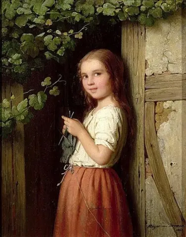 站在门口编织的年轻女孩 1863