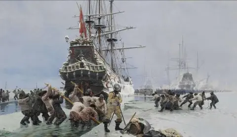 为佩德·布雷达尔 (Peder Bredal) S 号船在尼堡峡湾的冰面上开辟了一条航道 1891 年