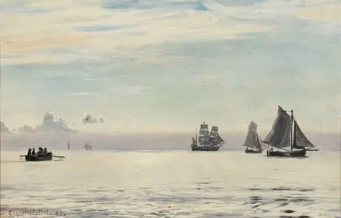 波光粼粼的海洋上帆船和小船的海景 1883
