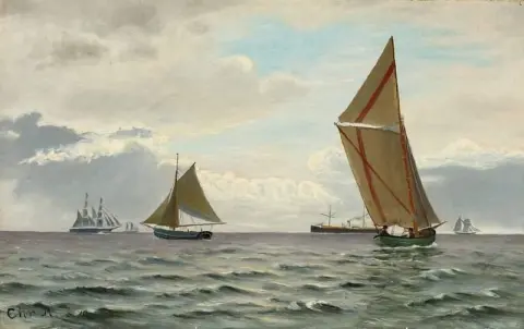 海景与帆船和蒸汽船