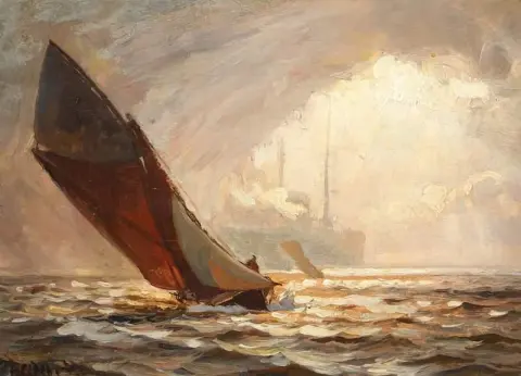 海景与船在日落