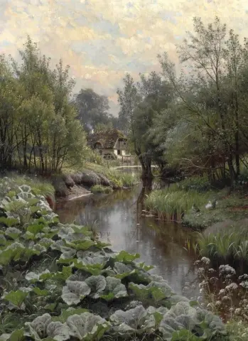 溪边的春日。在前景码头叶子和鸭子与小鸭。水车背景 1911