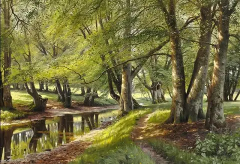 森林里的夏日，背景是鹿，1908 年