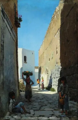 1884 年，卡普里岛的一条狭窄街道上躲避烈日的景色