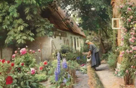 老妇人在茅草农舍后浇花 1928