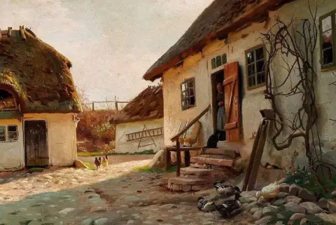 院子里的阳光。站在门口的老妇人和她的猫 1918