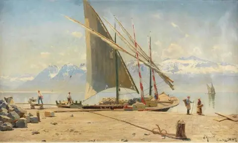 在 Ouchy Lac Leman 的驳船上卸下石头 1887