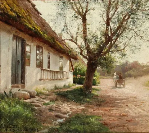 从约伦德乡村街道看到的茅草屋，1916 年