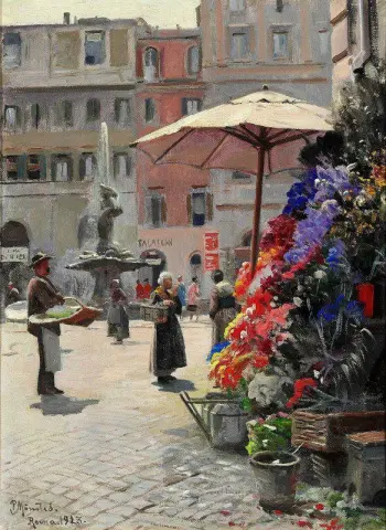 罗马巴贝里尼广场的景观，有花架和特里顿喷泉，1928 年