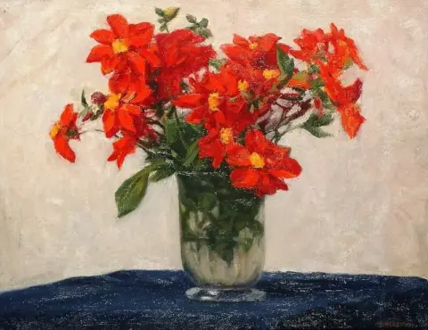 Crimson Dahlias On A Blue Ground