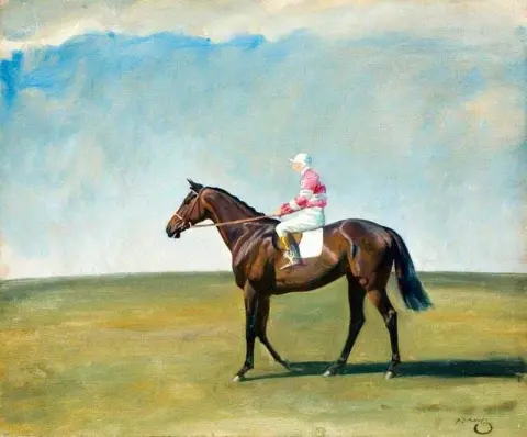 En Bay Racehäst Med Jockey Upp I Rosa Och Vit Randiga Färger I Ett Landskap