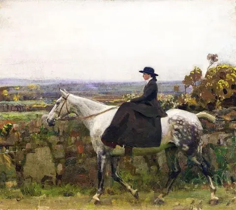 Equestrienne의 초상화입니다. 회색 암말 위의 플로렌스 무닝스 1914