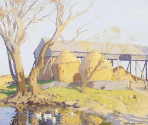 Ducks By A Hay Barn