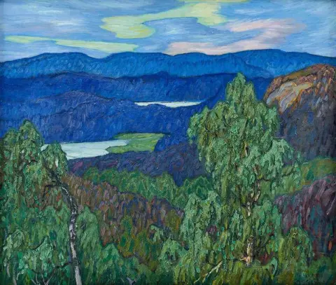 Norrlandskt Landskap Med Blanande Berg Och Bjorkar