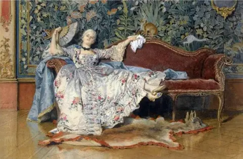 En liggande dam med en fläkt 1876