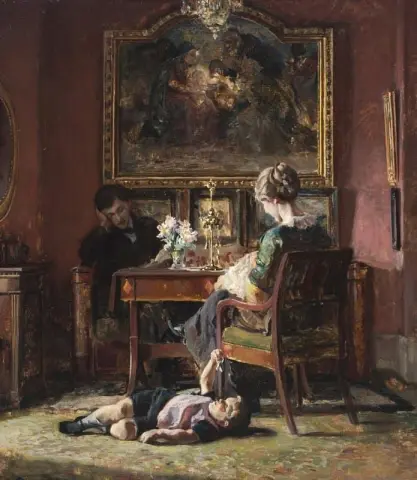 Een woonkamerinterieur met drie figuren