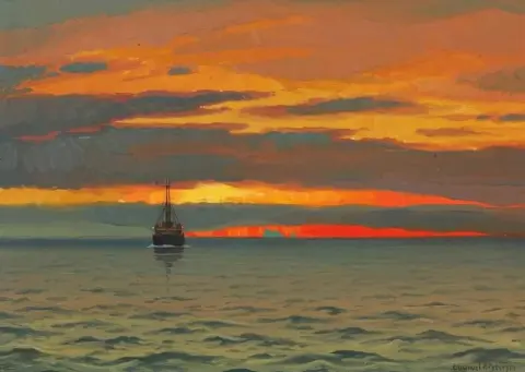View From Greenland With A Ship Sailing On Calm Sea At Sunset