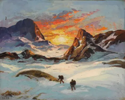 View From Greenland With Midnight Sun Over Mountains