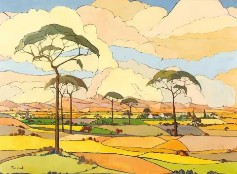 En omfattende utsikt over jordbruksland ca. 1925