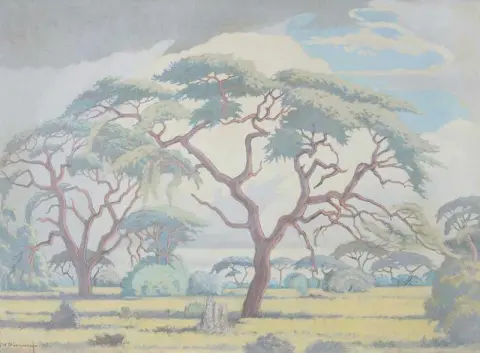 Bushveld-scene med trær og maurtuer 1956