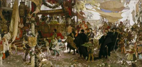 天主教国王之子胡安王子的洗礼游行穿过塞维利亚街道，1910 年