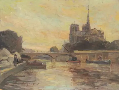 Atmosfera noturna perto de Notre Dame em Paris, 1925