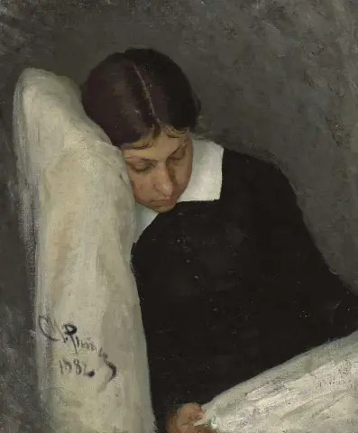 维拉·雷皮纳 (Vera Repina) 的肖像，艺术家的妻子正在阅读，1882 年