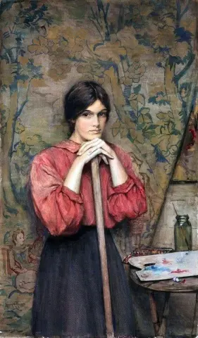Studie av en flicka i konstnärens studio som står framför en gobeläng 1910