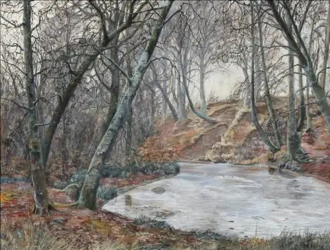 숲속 호수 주변의 벌거벗은 나무들이 있는 풍경 1932