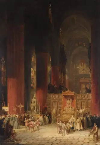 Interieur van de kathedraal van Sevilla tijdens de ceremonie van Corpus Christi 1833