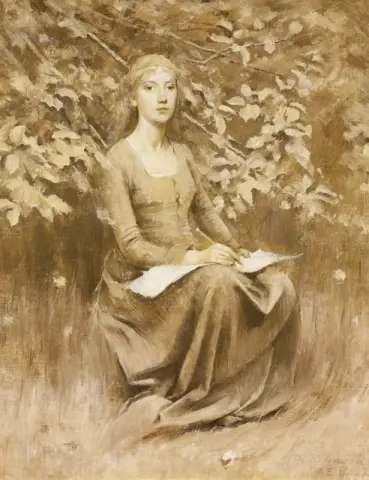 女孩坐着写字，约 1885 年