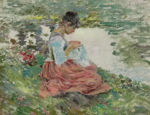 河边缝纫的女孩，约 1891 年
