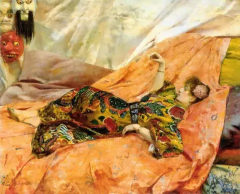莎拉·伯恩哈特 (Sarah Bernhardt) 斜倚在中式室内的肖像