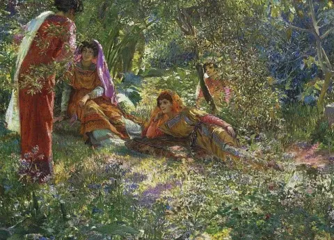 年轻妇女在阿尔及尔 El Biar 的花园里休息，约 1910 年