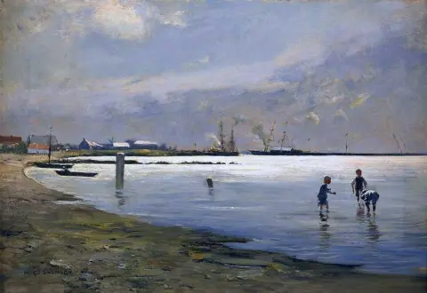 Jongens spelen in het water - Motiv uit de haven van Trelleborg