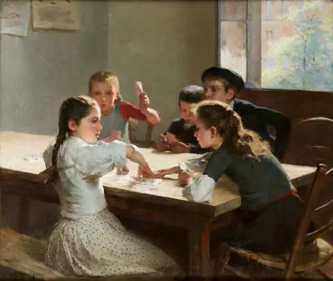 Interieur Met Kaartspelende Kinderen