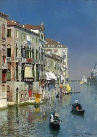 Gondolit Grand Canalilla Dogana ja Santa Maria Della Salute Venetsian ulkopuolella