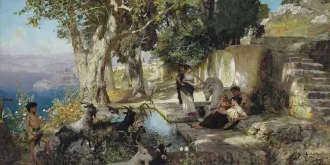 在喷泉处，约 1890 年