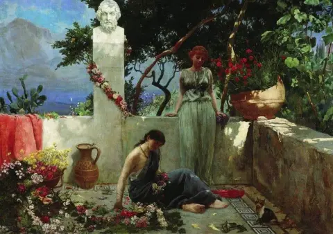 Flickor på terrassen vid bysten av Homer 1890