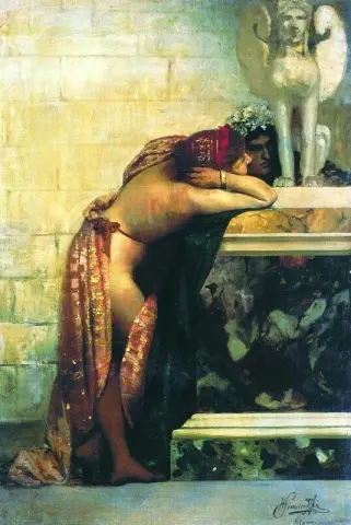Två figurer av en staty av sfinxen 1870