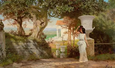 Vattenbärare i ett klassiskt landskap med olivträd 1870